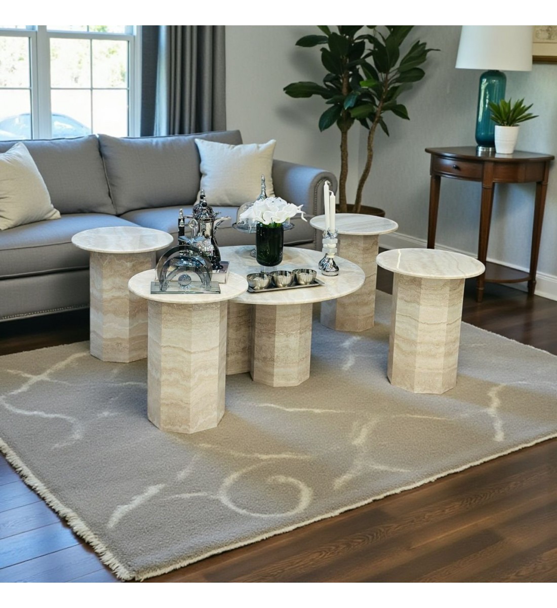 طاولة ديكور فاخرة بتصميم عصري من الحجر الطبيعي بلون بيج رخامي أنيق، 5قطع  قاعده جديد 