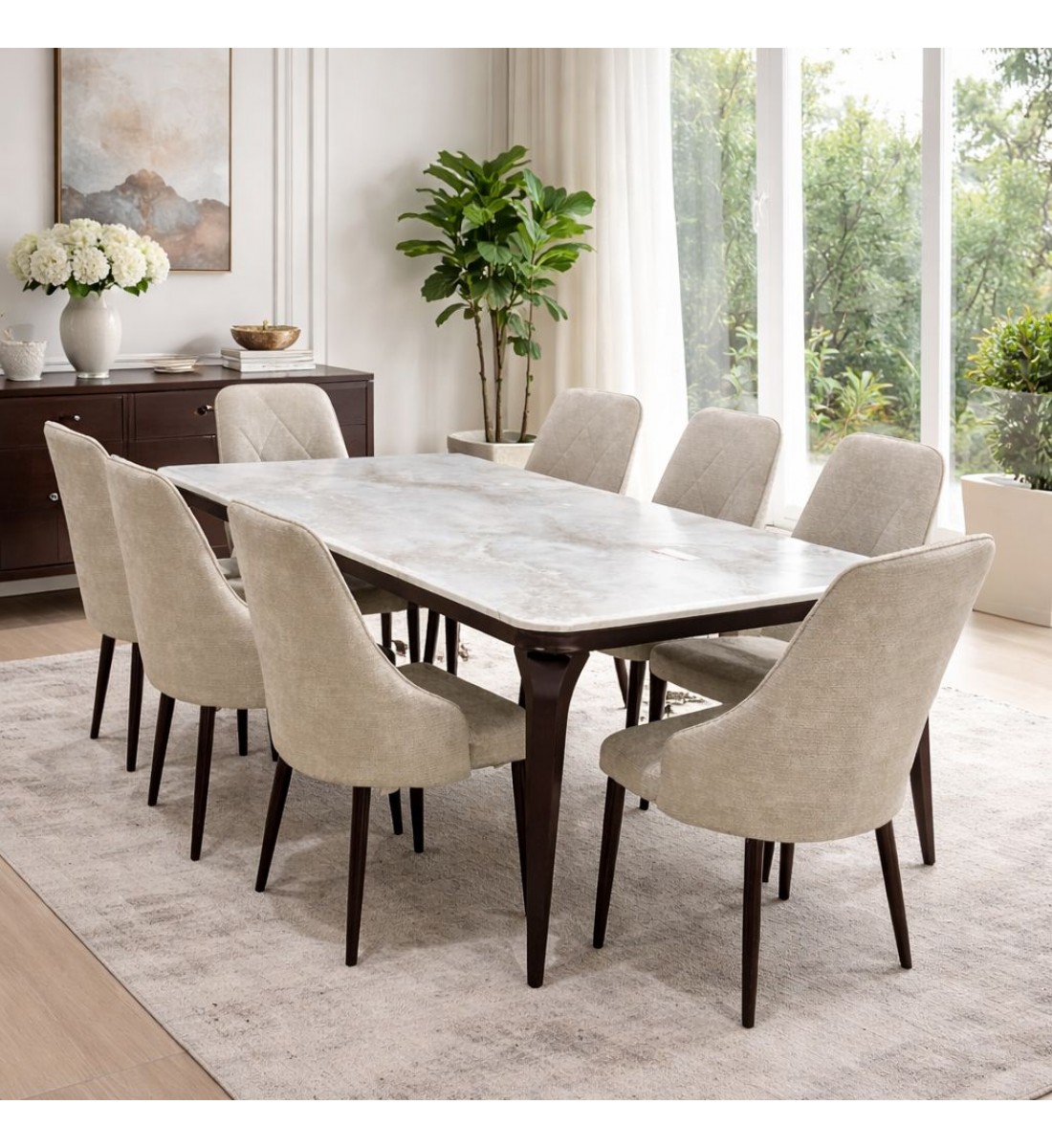 طاولة طعام أنيق يجمع بين الحداثة والفخامة سيرميك تصميم عصري مع 8كراسي 