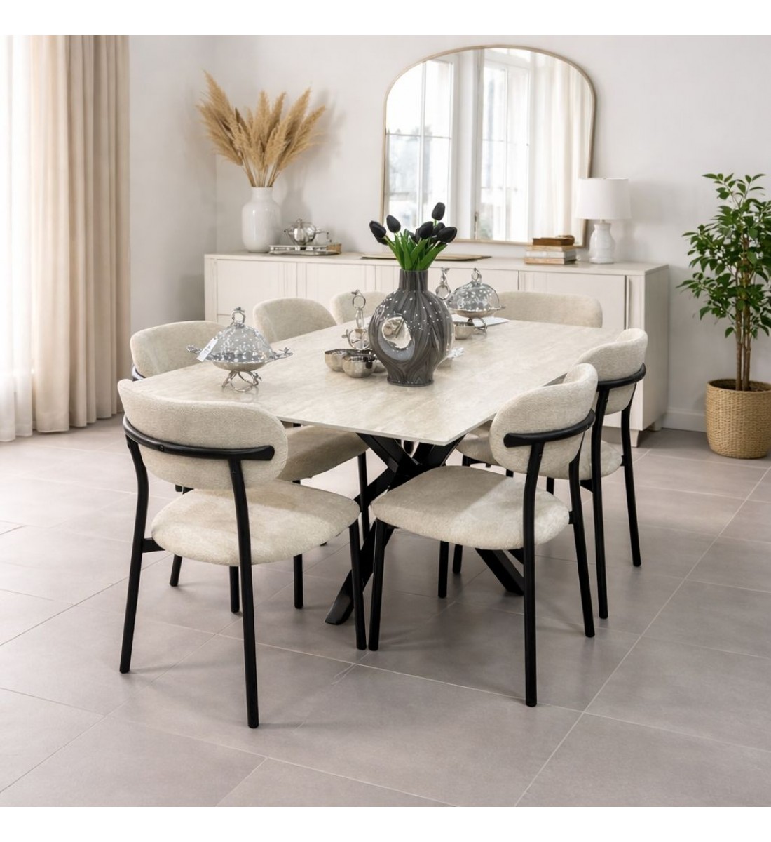 طاولة طعام سطح سيراميك مستطيل 6+1 فاخرة 