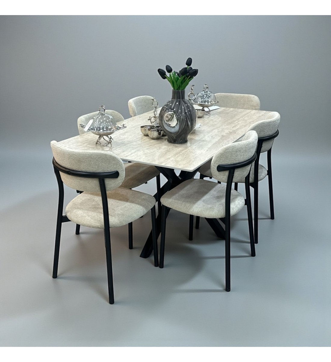 طاولة طعام سطح سيراميك مستطيل 6+1 فاخرة 