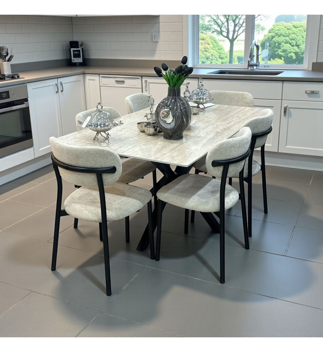 طاولة طعام سطح سيراميك مستطيل 6+1 فاخرة 