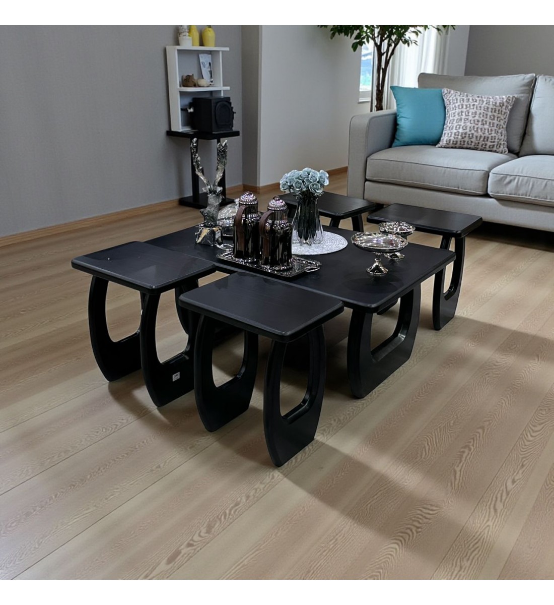 طاولة قهوة أنيقة بتصميم عصري ولون أسود فاخر، 5قطع (منتج تفصيل )