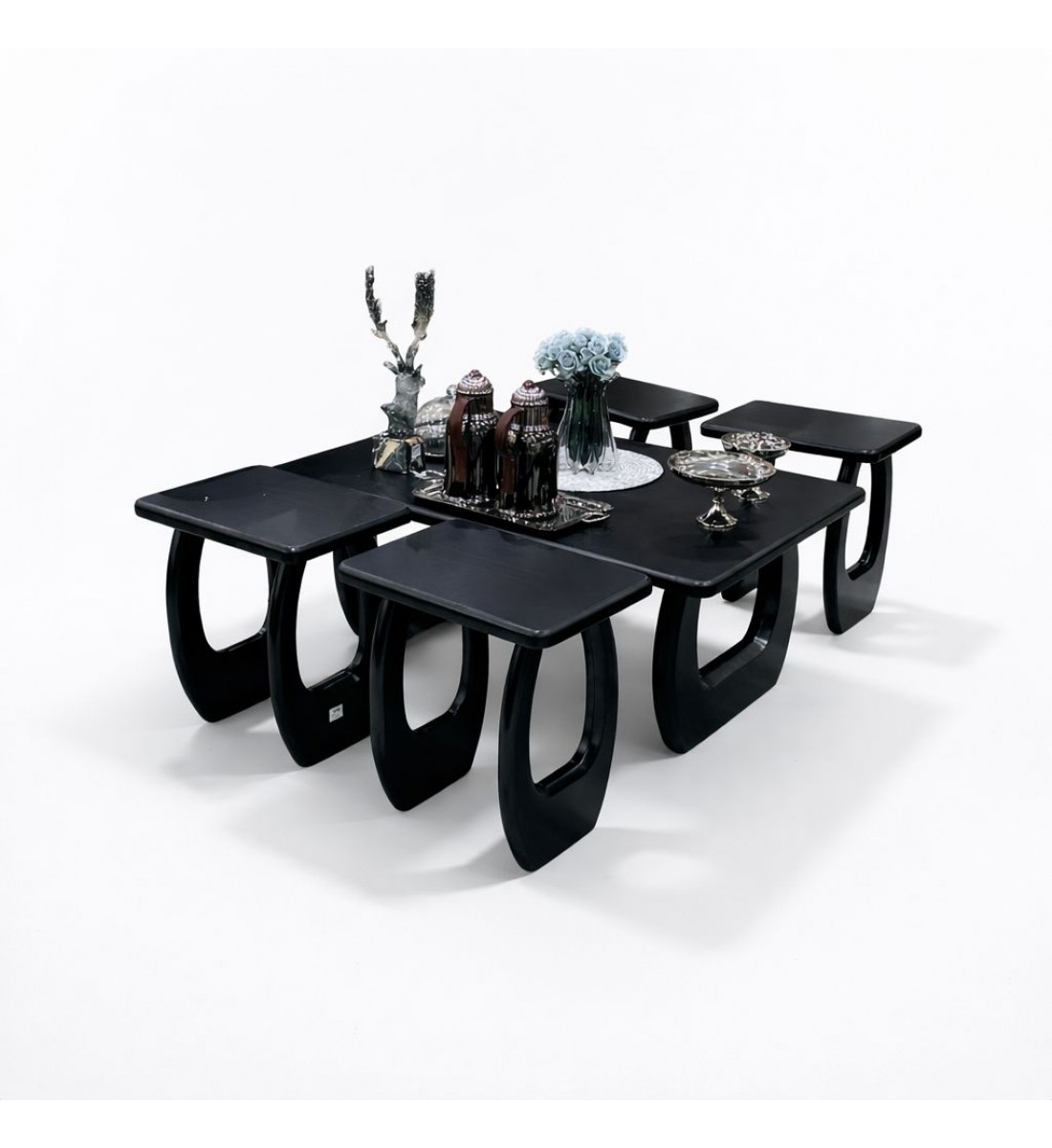 طاولة قهوة أنيقة بتصميم عصري ولون أسود فاخر، 5قطع (منتج تفصيل )