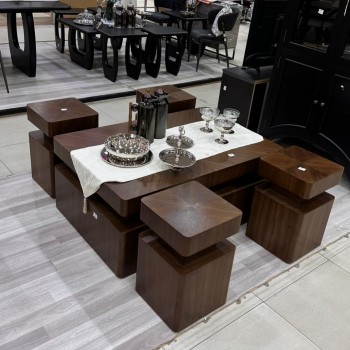 طاولة قهوة أنيقة بتصميم عصري ولون بني فاخر، 5قطع (منتج تفصيل )