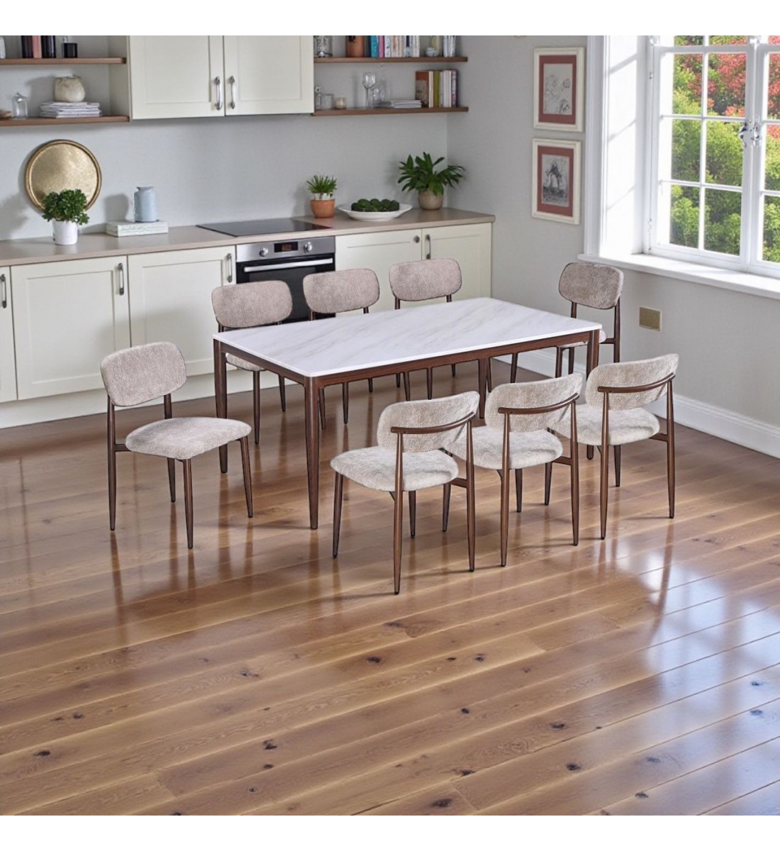 طاولة طعام رخام 8 كراسي بيج بجودة عالية وشكل عصري 180 *100*75 سم