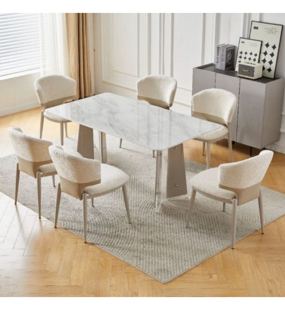 طقم طاولة طعام رخام 160 سم مع 6 كراسي بوكلية لون بيج – نوفيل ملكي بتصميم حديث وراقي