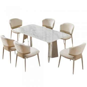 طقم طاولة طعام رخام 160 سم مع 6 كراسي بوكلية لون بيج – نوفيل ملكي بتصميم حديث وراقي