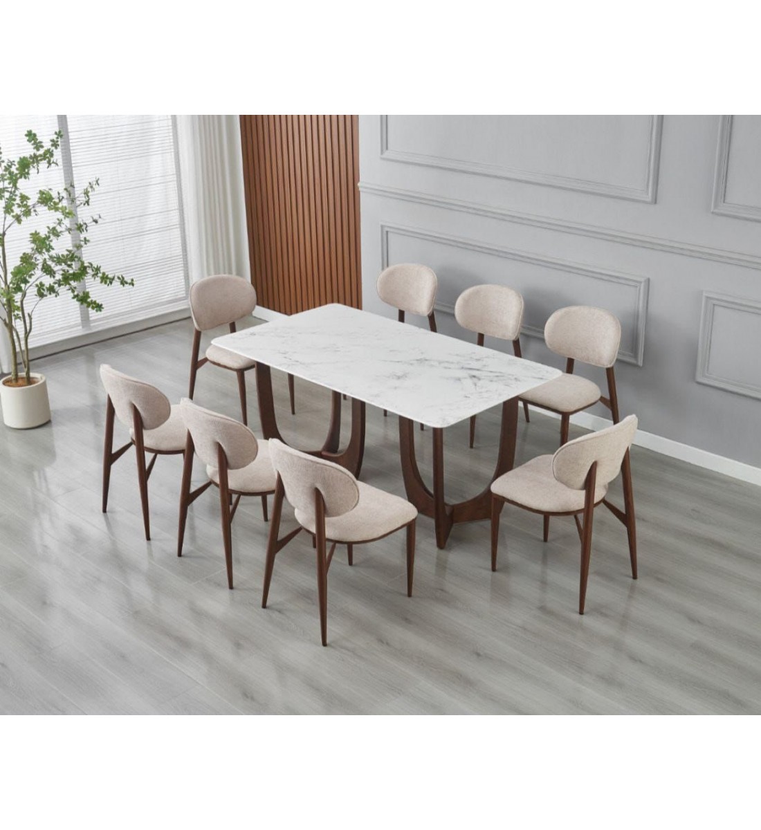 طقم طاولة طعام رخام مقاس 180 سم مع 8كرسي لون بيج- ديلورا تصميم حديث وانيق