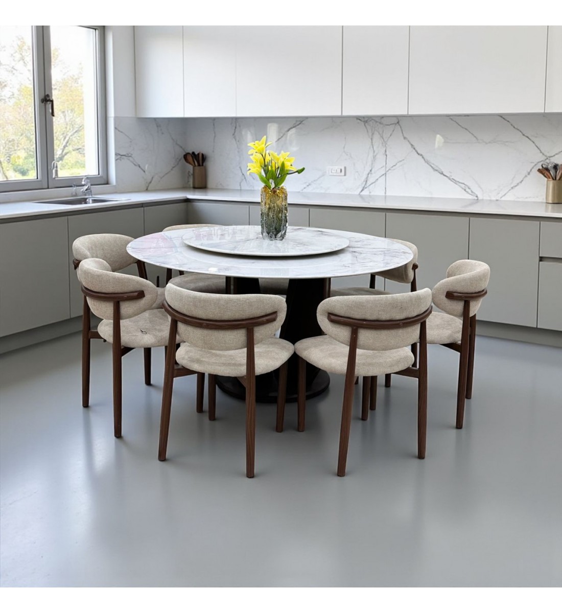 طاولة طعام رخام دائرية مع 8 كراسي طاولة طعام رخام دائرية مع 8 كراسي
