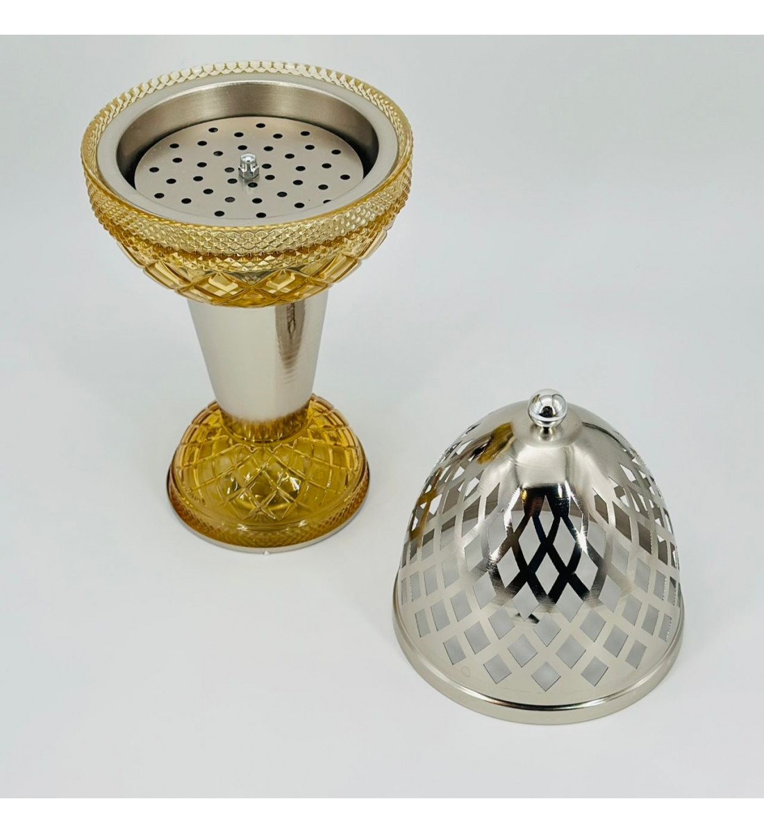 مبخره ملكيه معدن مع زجاج عسلي بنقشه مقاس 40×17 سم مبخره ملكيه معدن مع زجاج عسلي بنقشه مقاس 40×17 سم