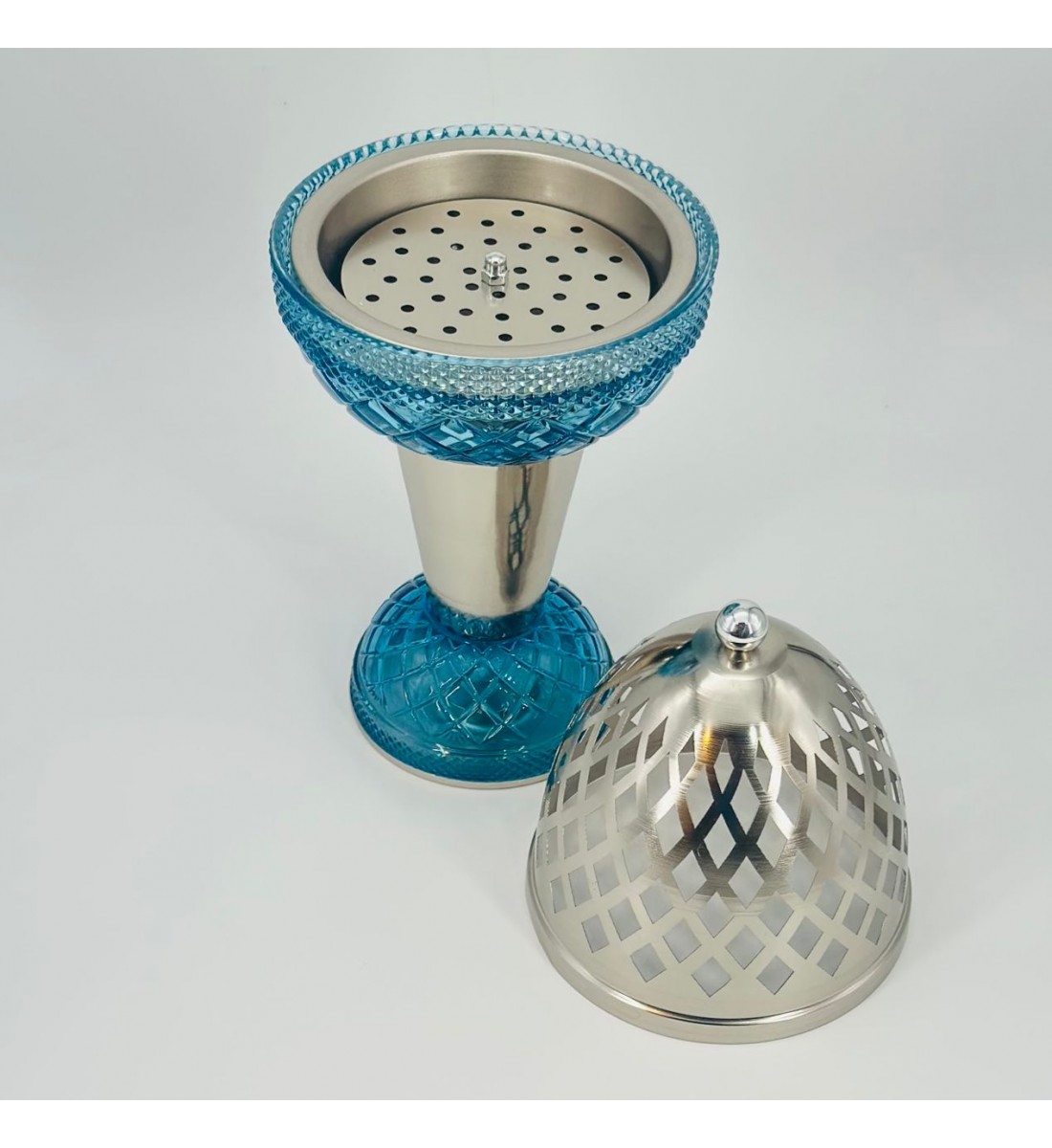 مبخره ملكيه معدن مع زجاج ازرق بنقشه مقاس 40×17 سم مبخره ملكيه معدن مع زجاج ازرق بنقشه مقاس 40×17 سم