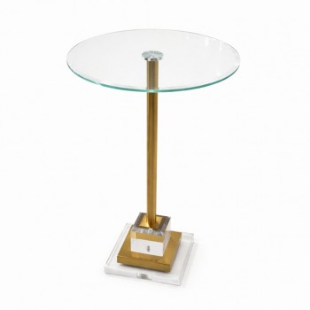 طاولة قهوة جانبية أنيقة – سطح زجاجي شفاف بقاعدة كريستال مع ستيل ذهبي