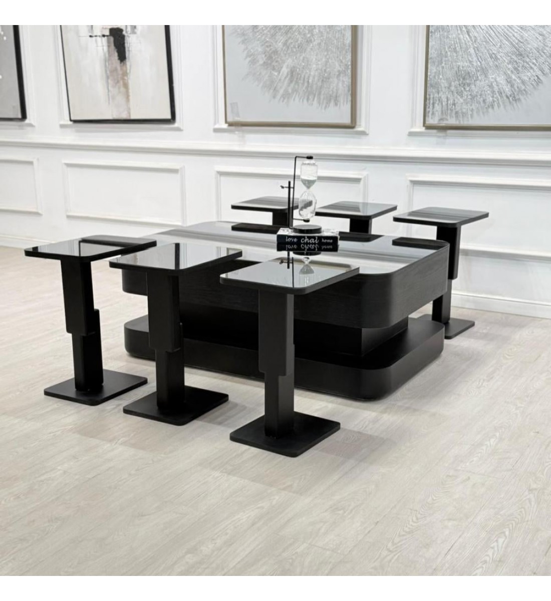 طقم طاولات تقديم ليون سنديان 7قطع لون اسود (منتج تفصيل ) طقم طاولات تقديم ليون سنديان 7قطع لون اسود (منتج تفصيل )