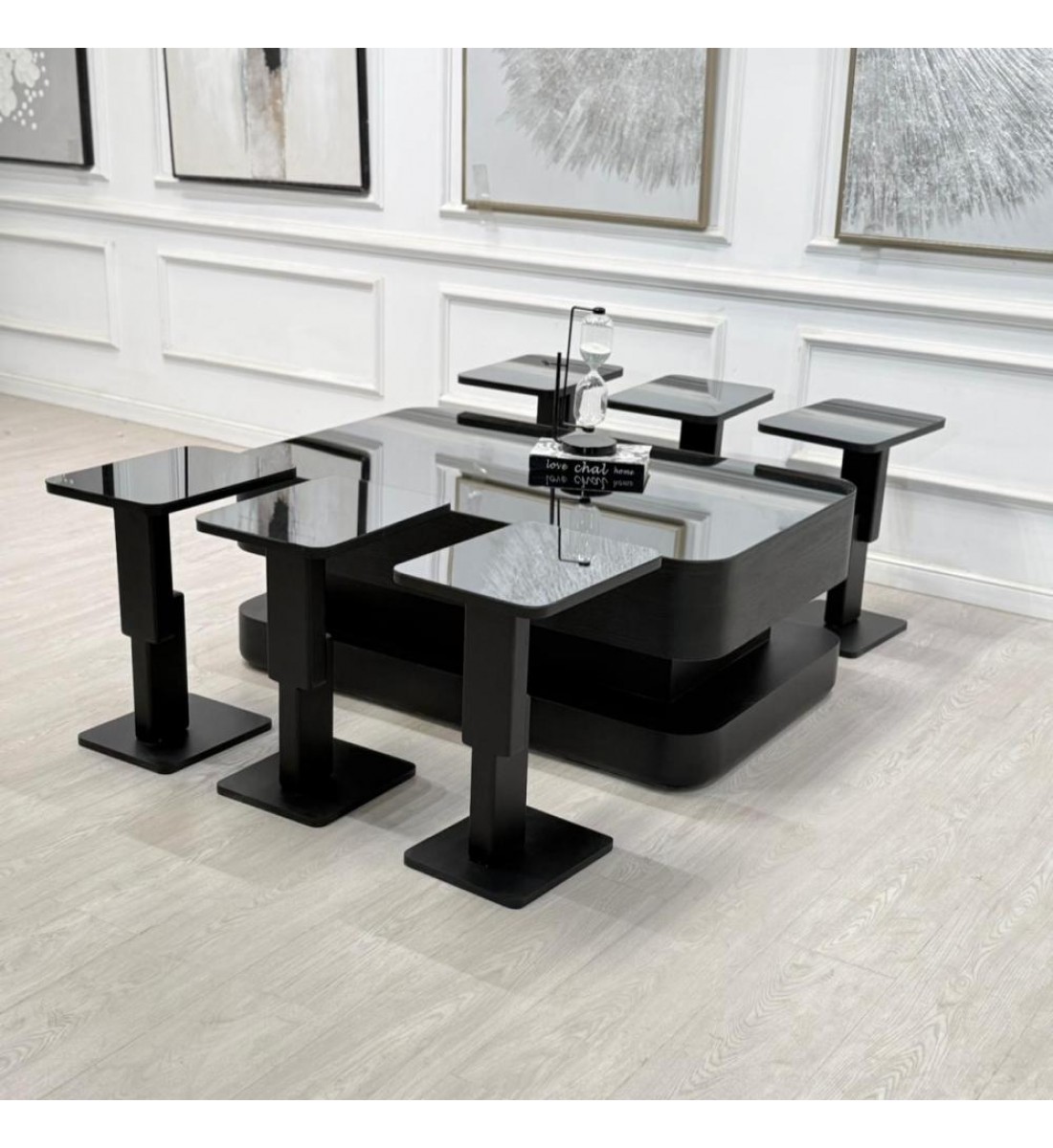 طقم طاولات تقديم ليون سنديان 7قطع لون اسود (منتج تفصيل ) طقم طاولات تقديم ليون سنديان 7قطع لون اسود (منتج تفصيل )