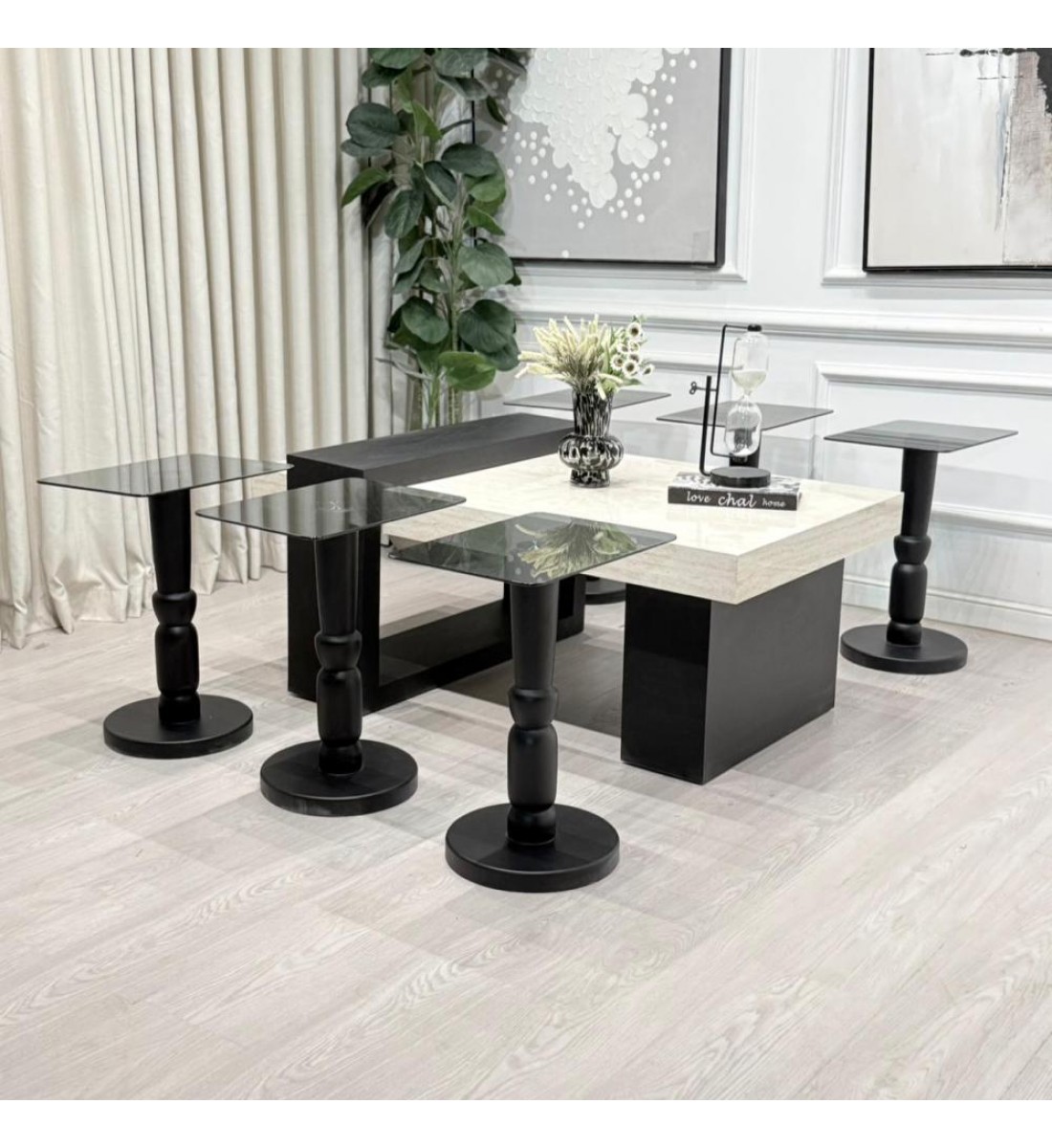 طقم طاولات لاين 7قطع سطح بديل رخام ترافنتينو قاعده خشب لون اسود (منتج تفصيل )