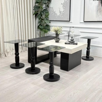 طقم طاولات لاين 7قطع سطح بديل رخام ترافنتينو قاعده خشب لون اسود (منتج تفصيل )