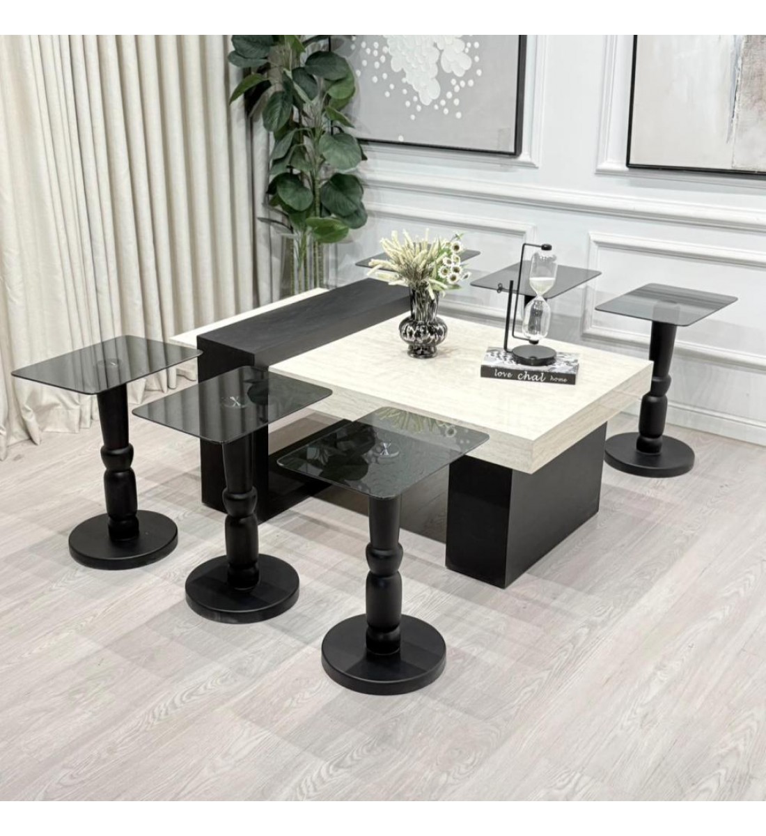 طقم طاولات لاين 7قطع سطح بديل رخام ترافنتينو قاعده خشب لون اسود (منتج تفصيل )