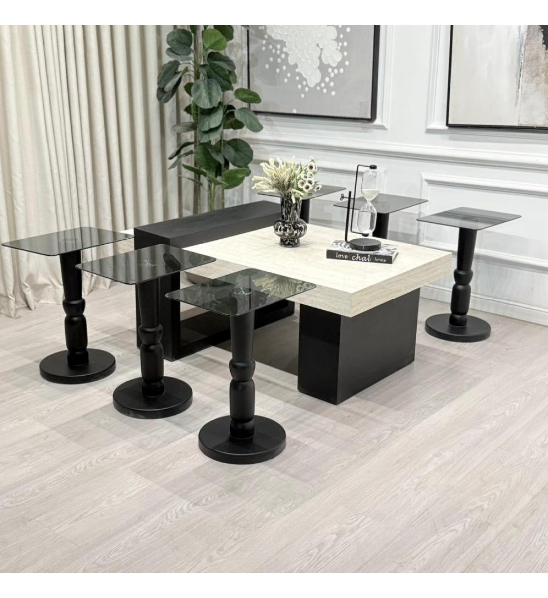 طقم طاولات لاين 7قطع سطح بديل رخام ترافنتينو قاعده خشب لون اسود (منتج تفصيل )