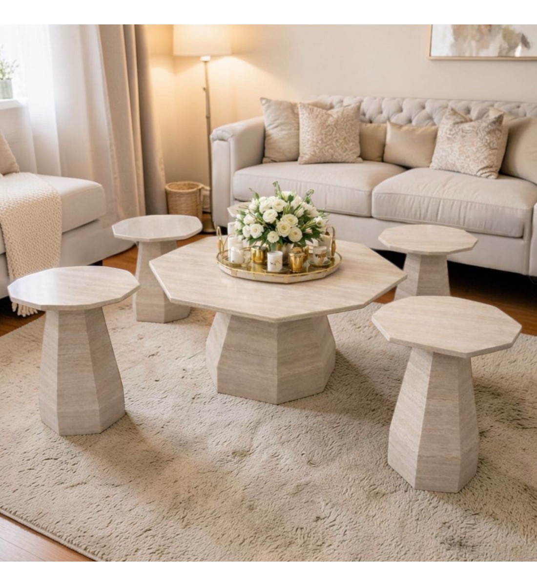  طقم الطاولات الرخامي بتصميمه الهندسي المثمن المبتكر 5قطع 