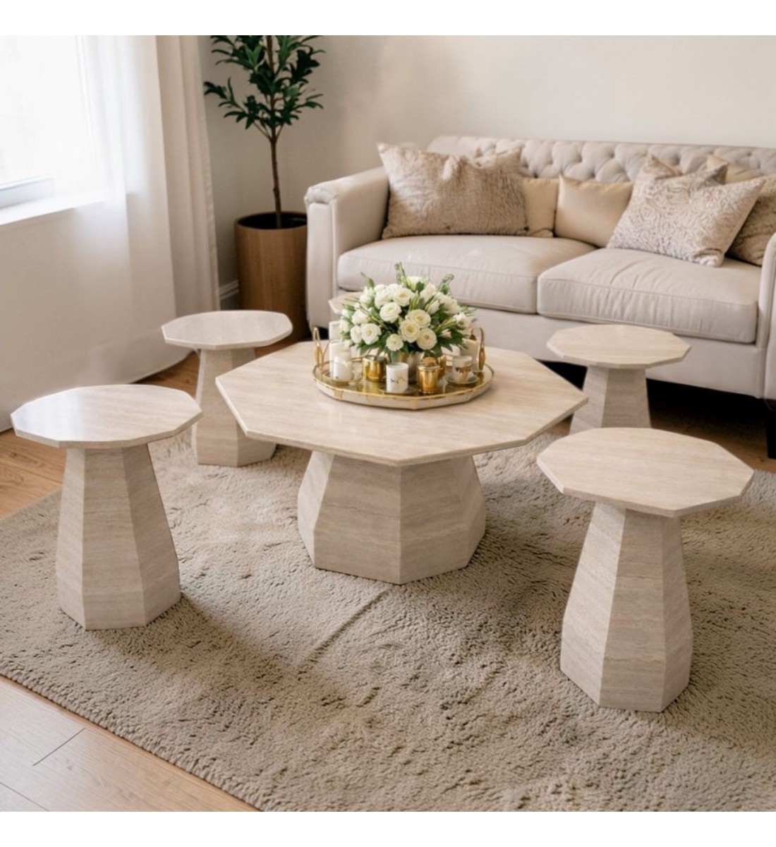  طقم الطاولات الرخامي بتصميمه الهندسي المثمن المبتكر 5قطع 