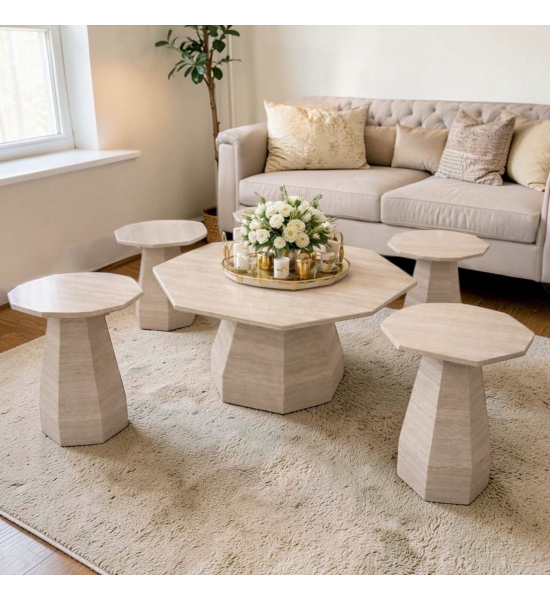  طقم الطاولات الرخامي بتصميمه الهندسي المثمن المبتكر 5قطع 