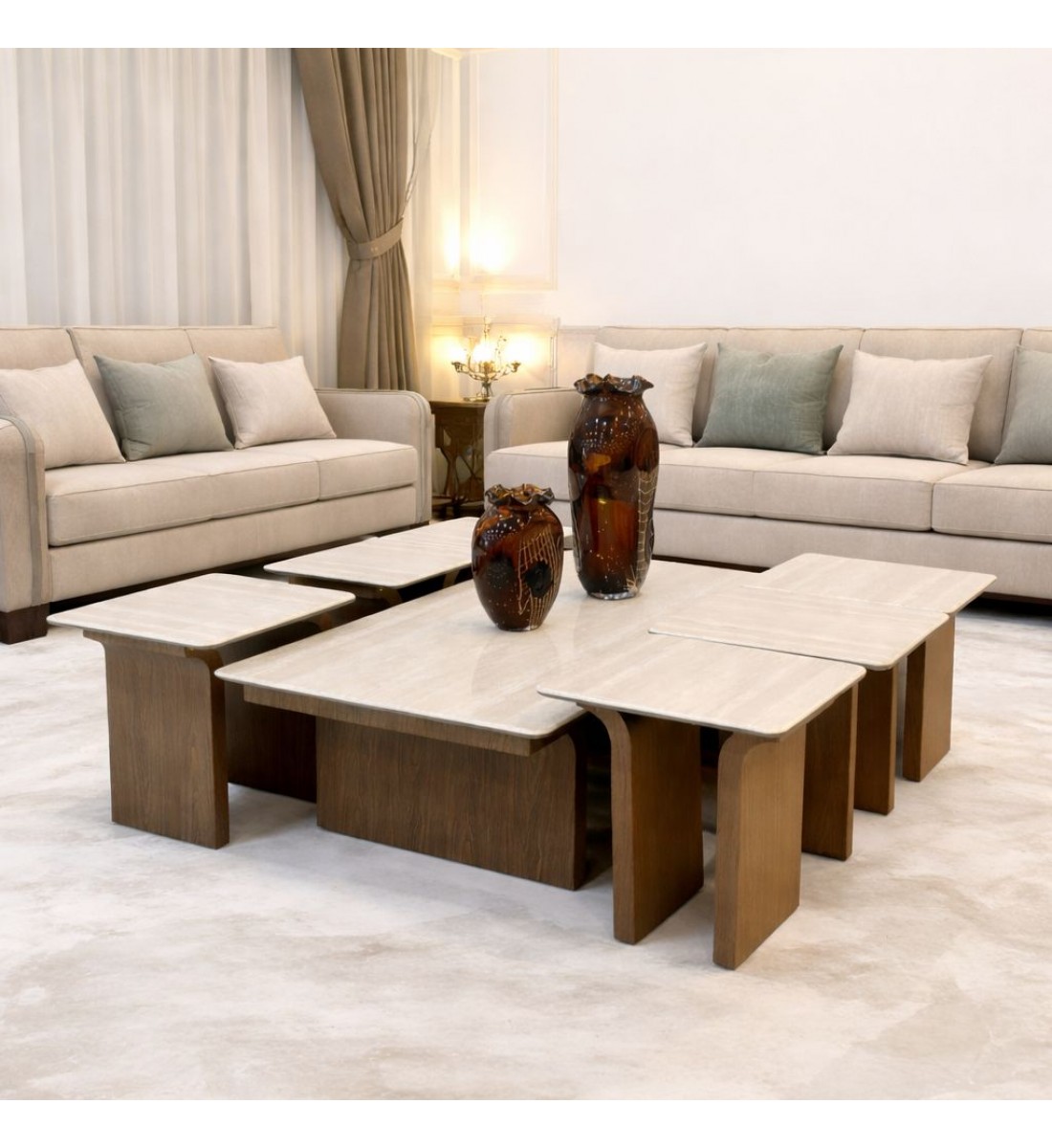 طقم طاولات قهوة أنيق بتصميم عصري 7قطع سطح رخام قاعده حديد