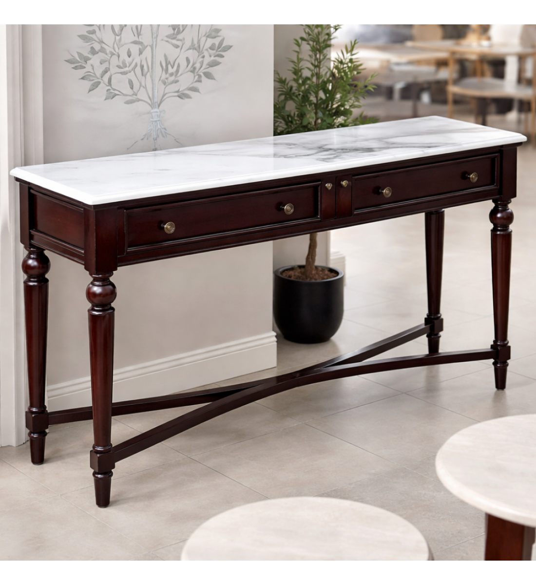 طاولة كونسول خشبية سطح بديل رخام أبيض – توازن مثالي بين العملية والأناقة الكلاسيكية (منتج تفصيل ) طاولة كونسول خشبية سطح بديل رخام أبيض – توازن مثالي بين العملية والأناقة الكلاسيكية (منتج تفصيل )