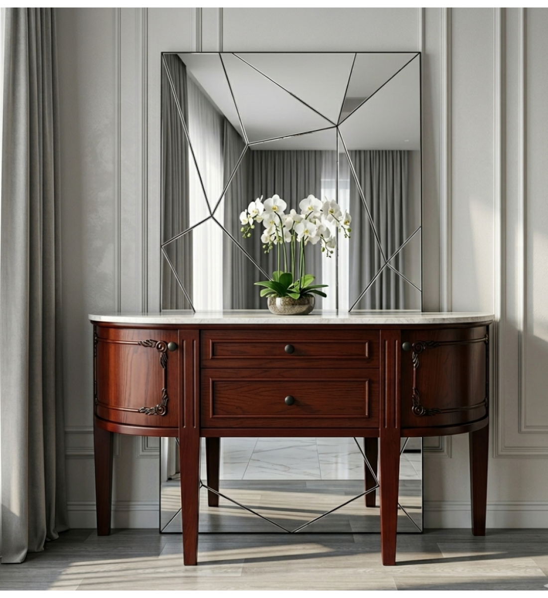 طاولة كونسول خشبية سطح رخامي ابيض – توازن مثالي بين العملية والأناقة الكلاسيكية (منتج تفصيل ) طاولة كونسول خشبية سطح رخامي ابيض – توازن مثالي بين العملية والأناقة الكلاسيكية (منتج تفصيل )