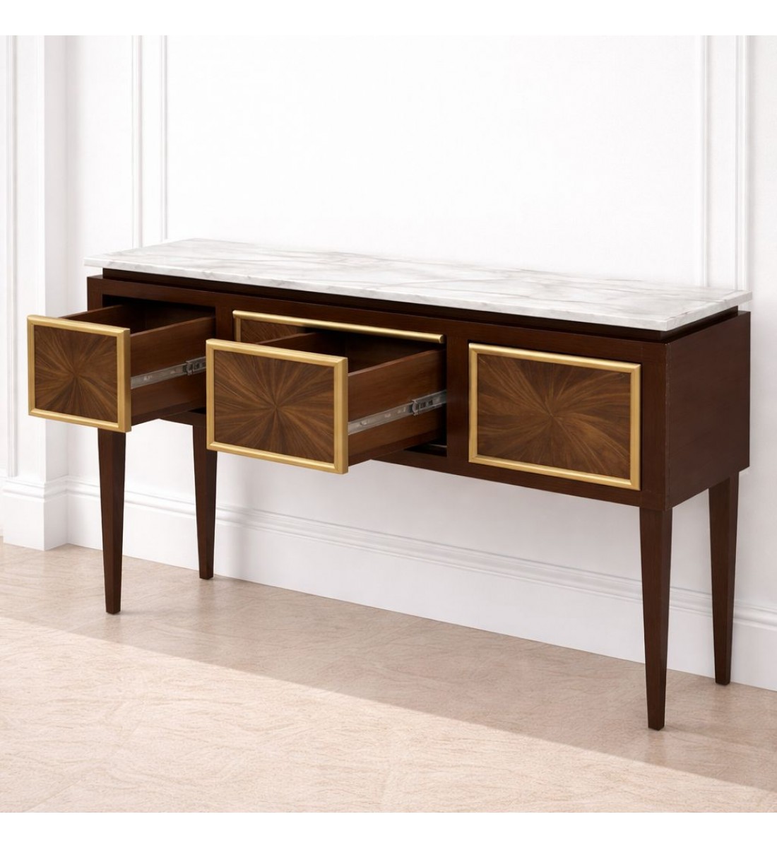 طاولة كونسول خشبية سطح رخامي ابيض – توازن مثالي بين العملية والأناقة الكلاسيكية (منتج تفصيل )