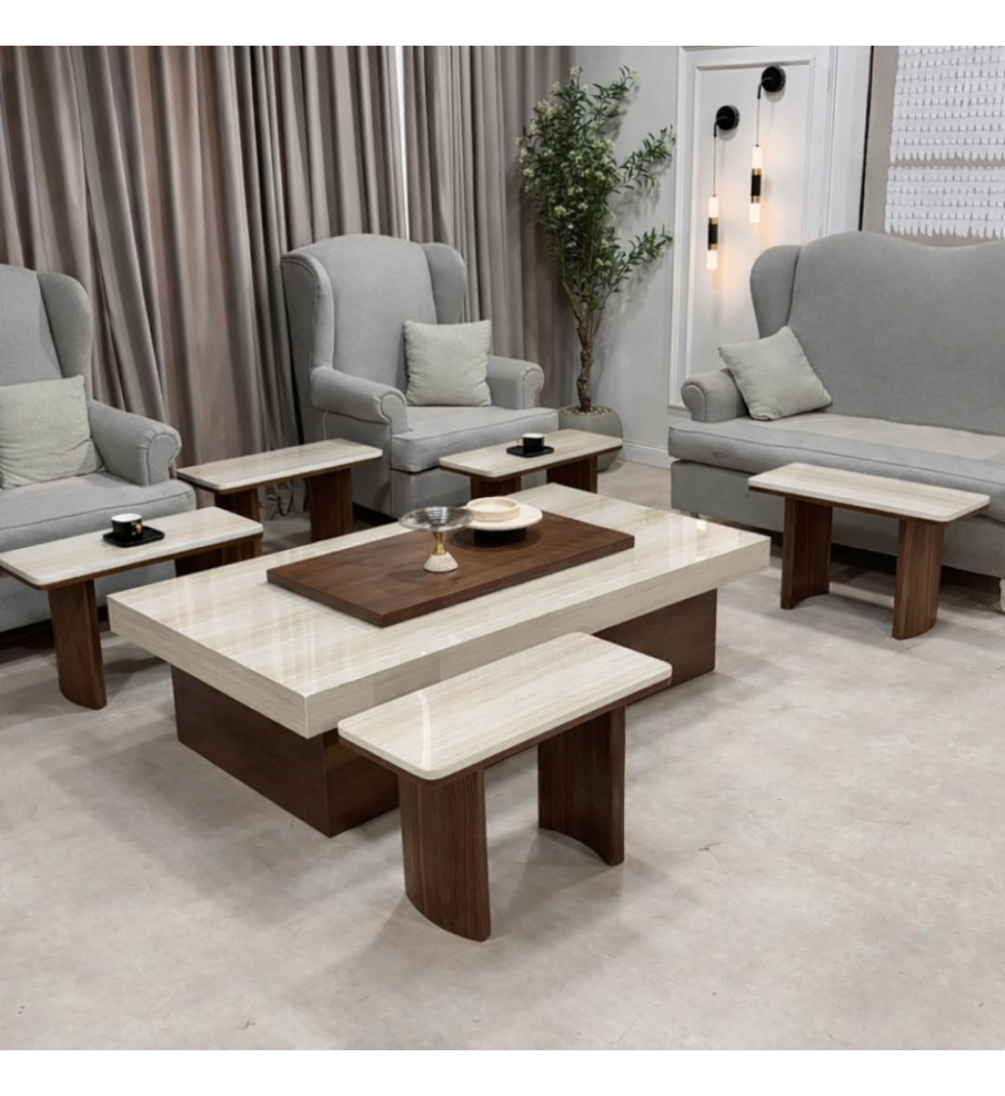 طقم طاولات ضيافة مع 4 خدمة خشب سنديان (منتج تفصيل ) طقم طاولات ضيافة مع 4 خدمة خشب سنديان (منتج تفصيل )