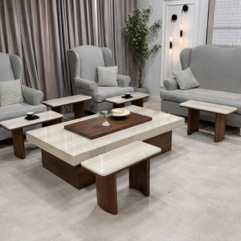 طقم طاولات ضيافة مع 4 خدمة خشب سنديان (منتج تفصيل )