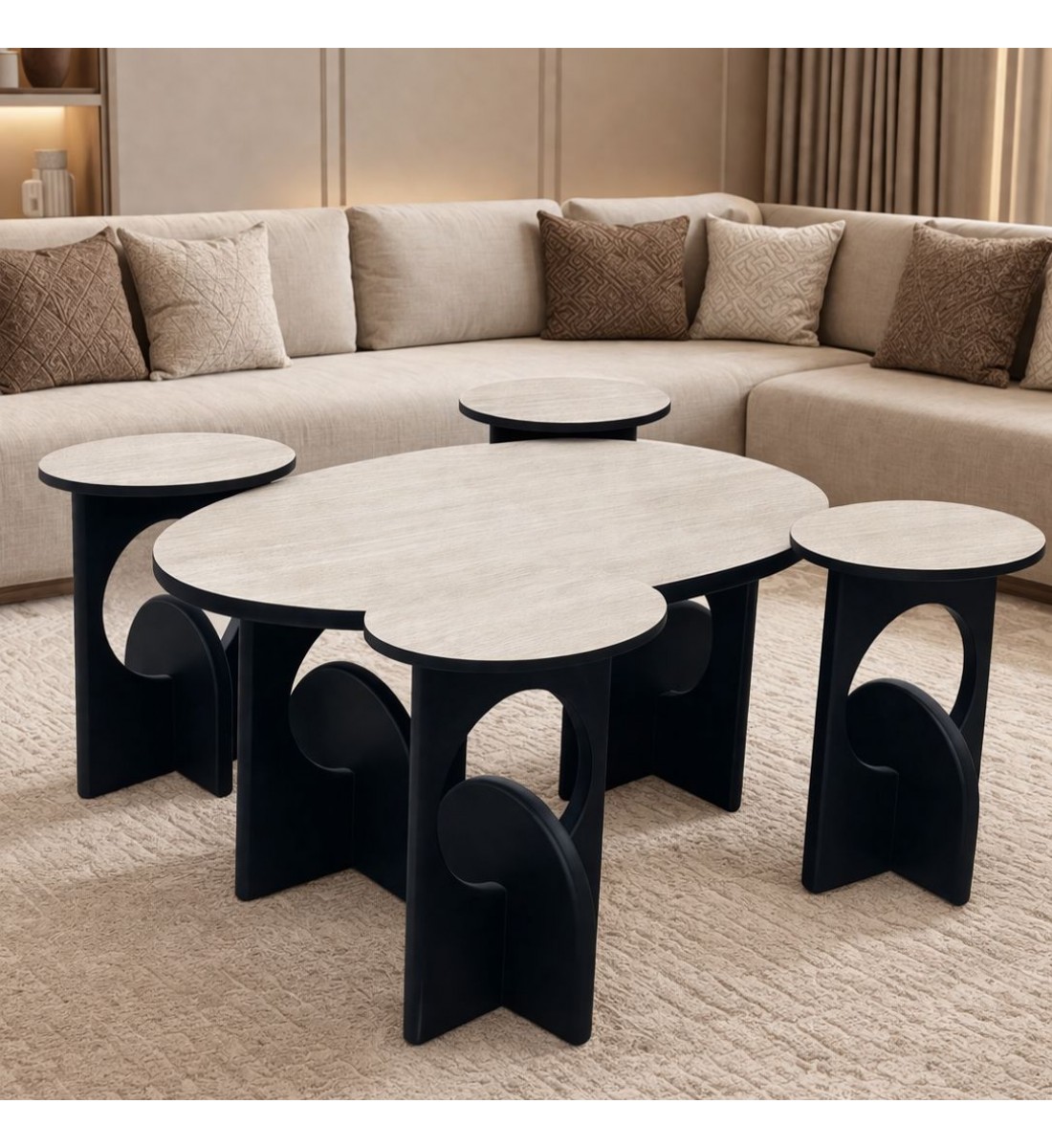 طقم طاولات ضيافة مع 4 خدمة بديل الرخام خشن اسود  (منتج تفصيل )