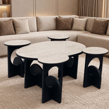 طقم طاولات ضيافة مع 4 خدمة بديل الرخام خشن اسود  (منتج تفصيل )