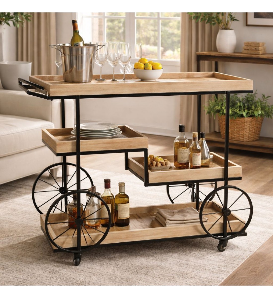 عربية تقديم خشب  باطراف حديد اسود3 دور بكفرات سهلة الحركة 110×40×97سم 