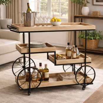 عربية تقديم خشب  باطراف حديد اسود3 دور بكفرات سهلة الحركة 110×40×97سم 