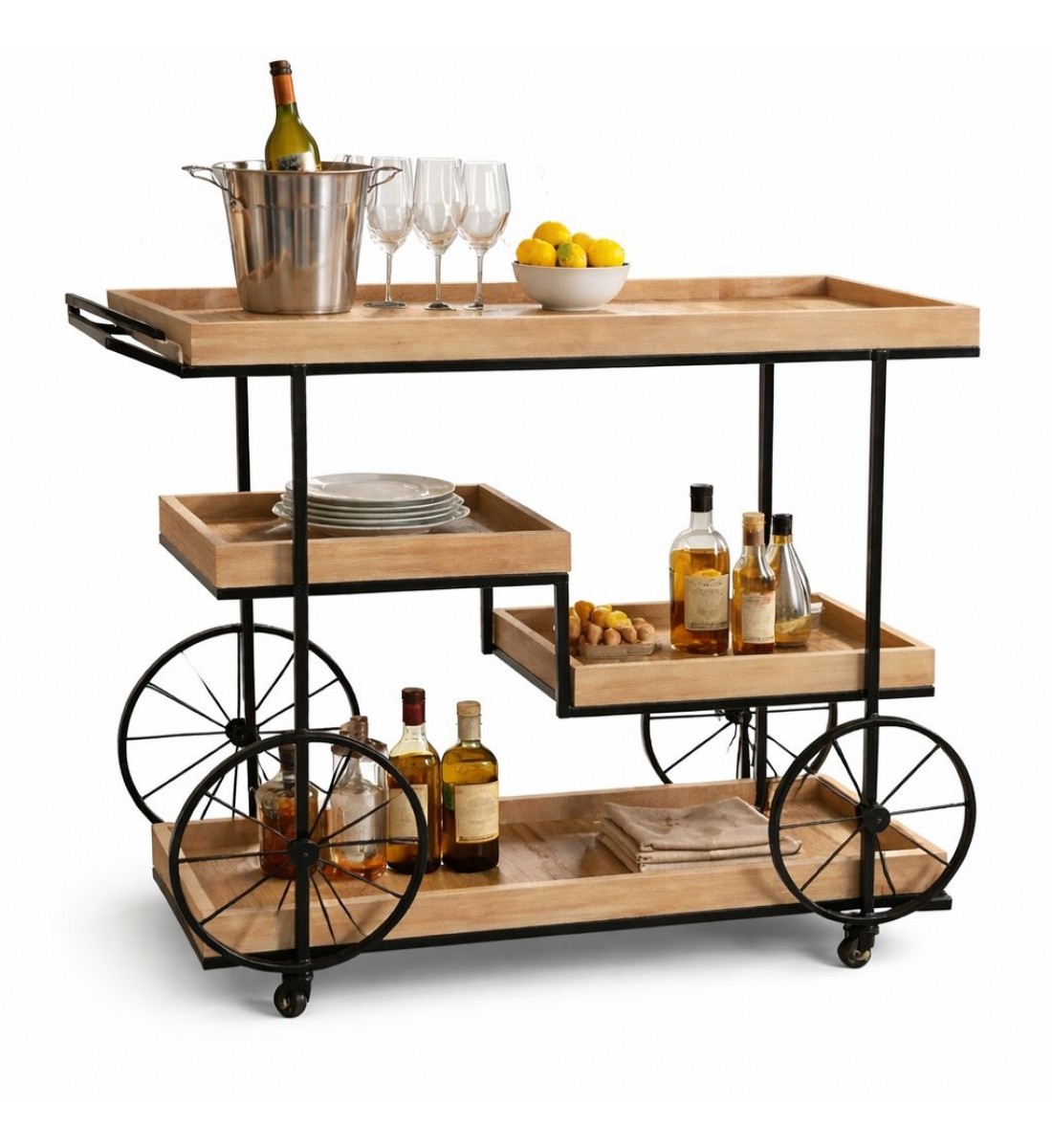 عربية تقديم خشب  باطراف حديد اسود3 دور بكفرات سهلة الحركة 110×40×97سم 