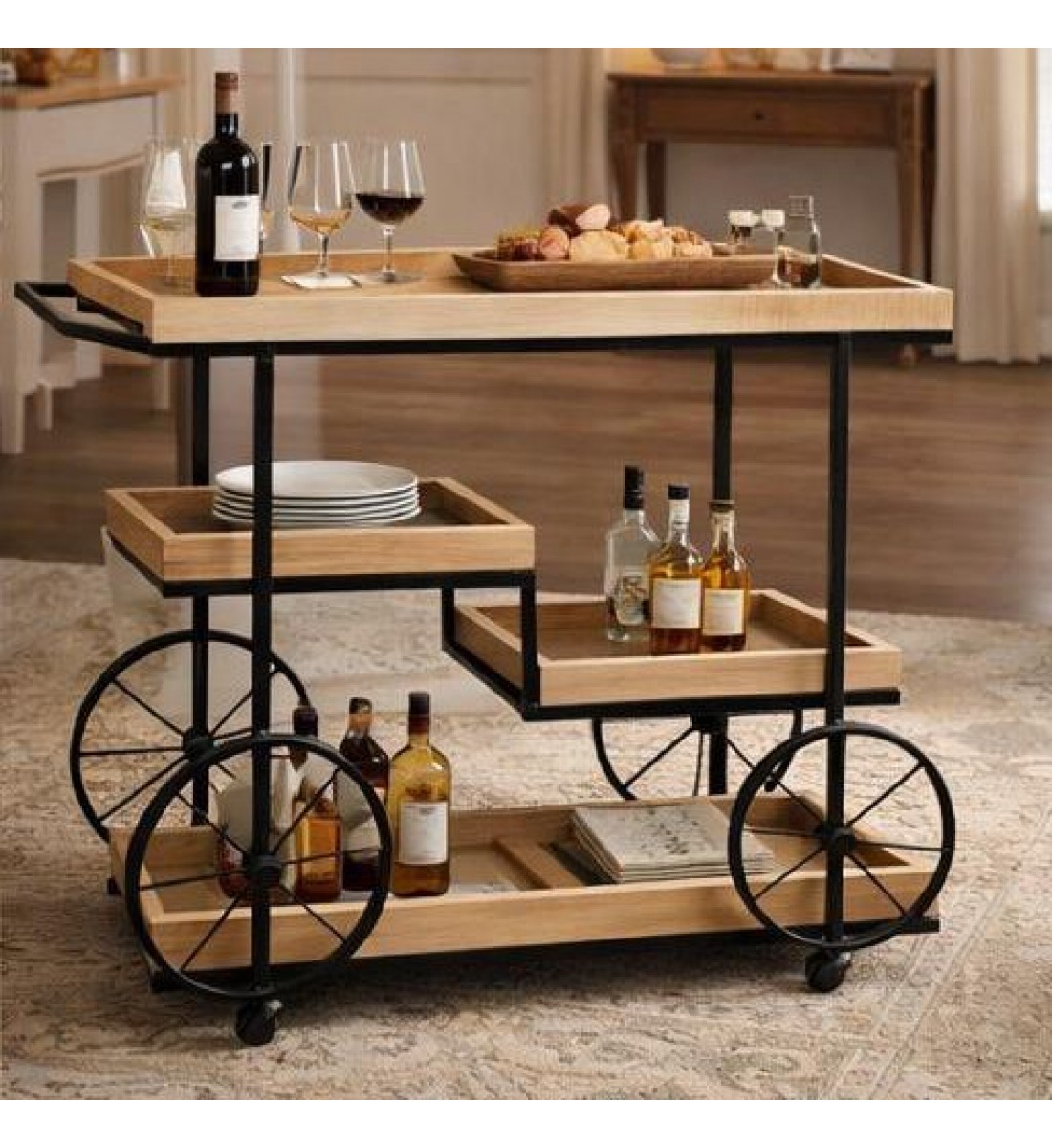 عربية تقديم خشب  باطراف حديد اسود3 دور بكفرات سهلة الحركة 110×40×97سم 