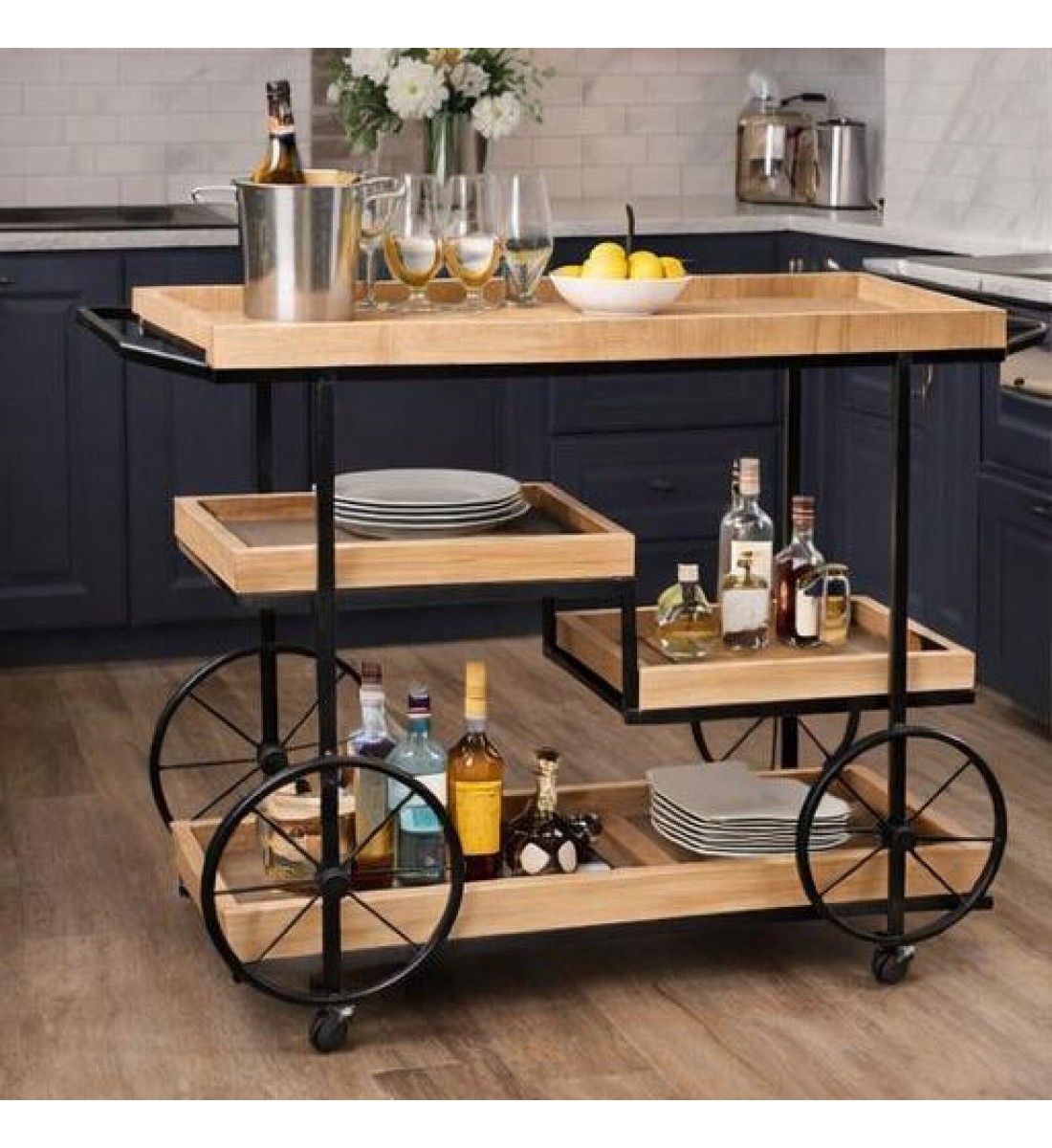 عربية تقديم خشب  باطراف حديد اسود3 دور بكفرات سهلة الحركة 110×40×97سم 