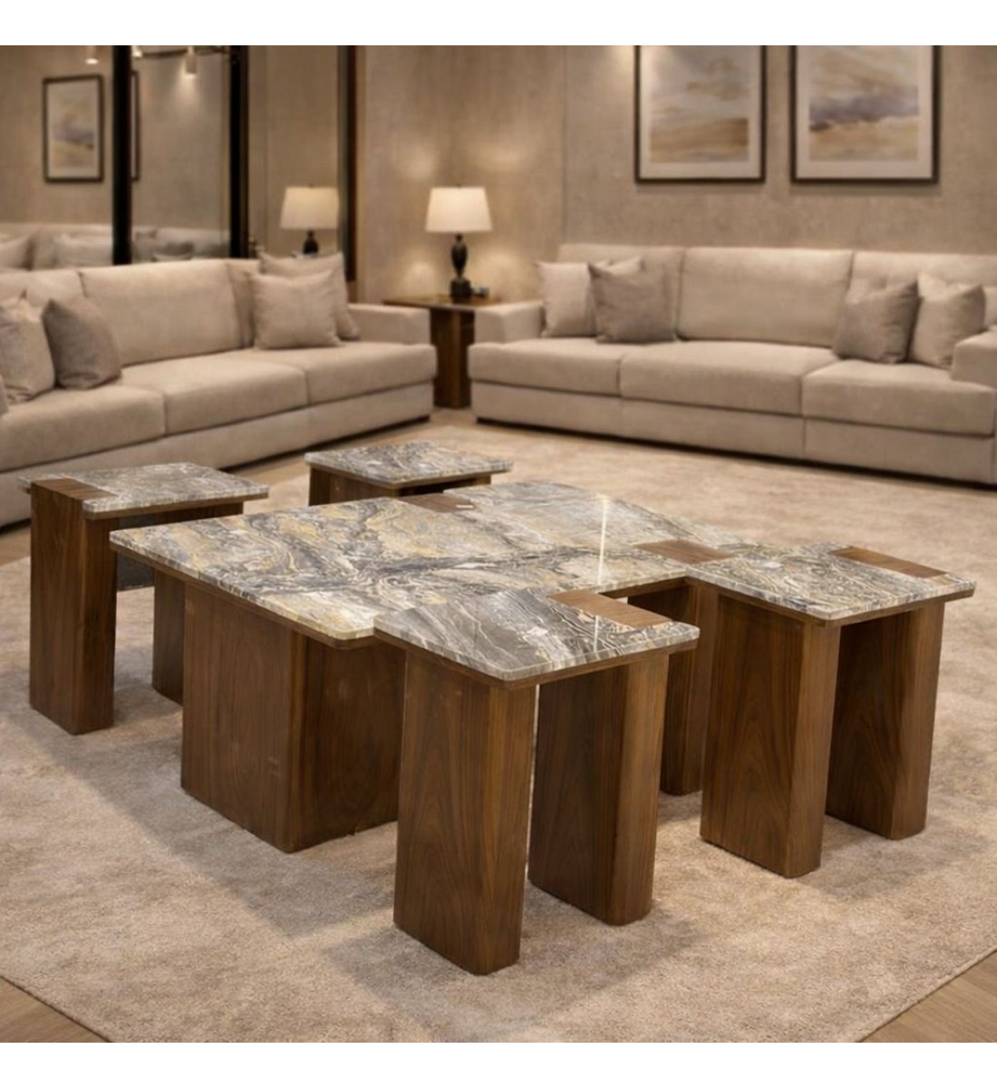 طقم طاولات ضيافة مع 4 خدمة قاعده خشب سطح رخام بريشا (منتج تفصيل )