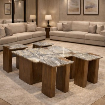 طقم طاولات ضيافة مع 4 خدمة قاعده خشب سطح رخام بريشا (منتج تفصيل )