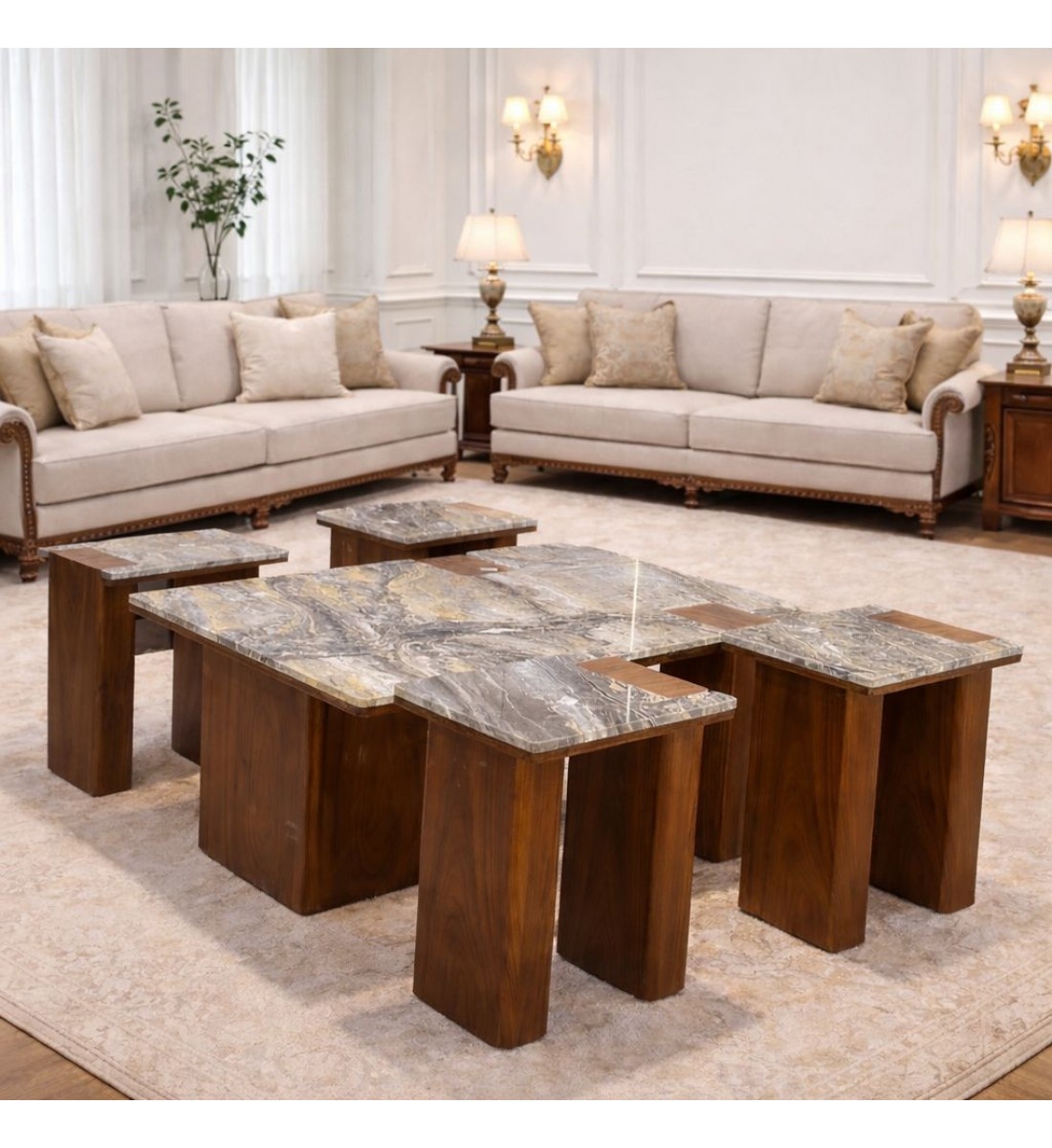 طقم طاولات ضيافة مع 4 خدمة قاعده خشب سطح رخام بريشا (منتج تفصيل )