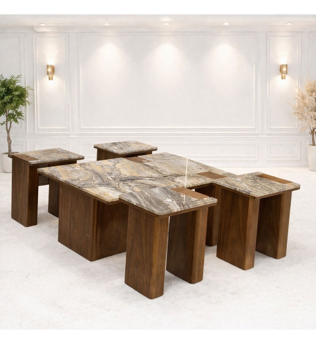 طقم طاولات ضيافة مع 4 خدمة قاعده خشب سطح رخام بريشا (منتج تفصيل )
