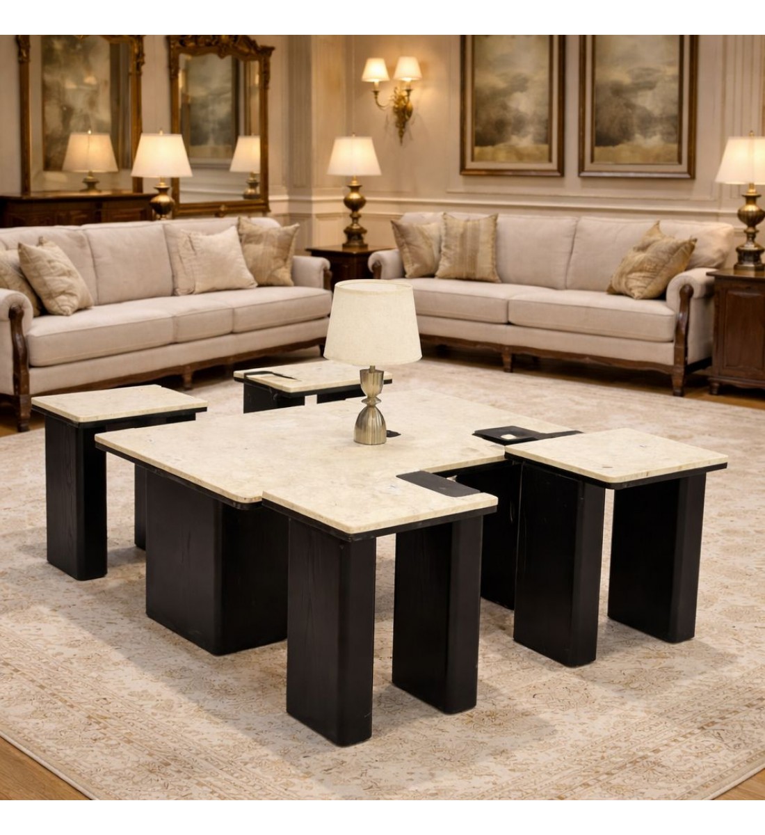 طقم طاولات ضيافة مع 4 خدمة قاعده خشب سطح رخام (منتج تفصيل )