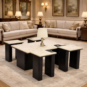 طقم طاولات ضيافة مع 4 خدمة قاعده خشب سطح رخام (منتج تفصيل )