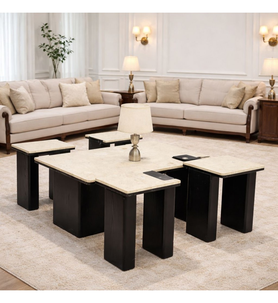 طقم طاولات ضيافة مع 4 خدمة قاعده خشب سطح رخام (منتج تفصيل )