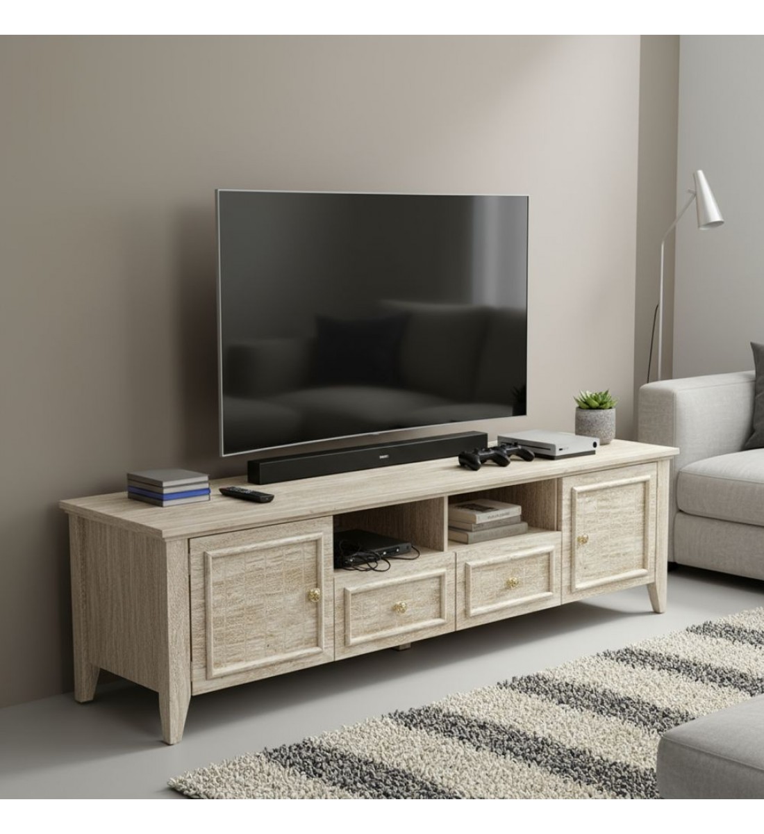 وحدة طاولة تليفزيون بلازما بتصميم عملي مع ادراج ودرف تخزين لتنظيم الشاشة والأجهزة – مقاس 160×40×45 سم