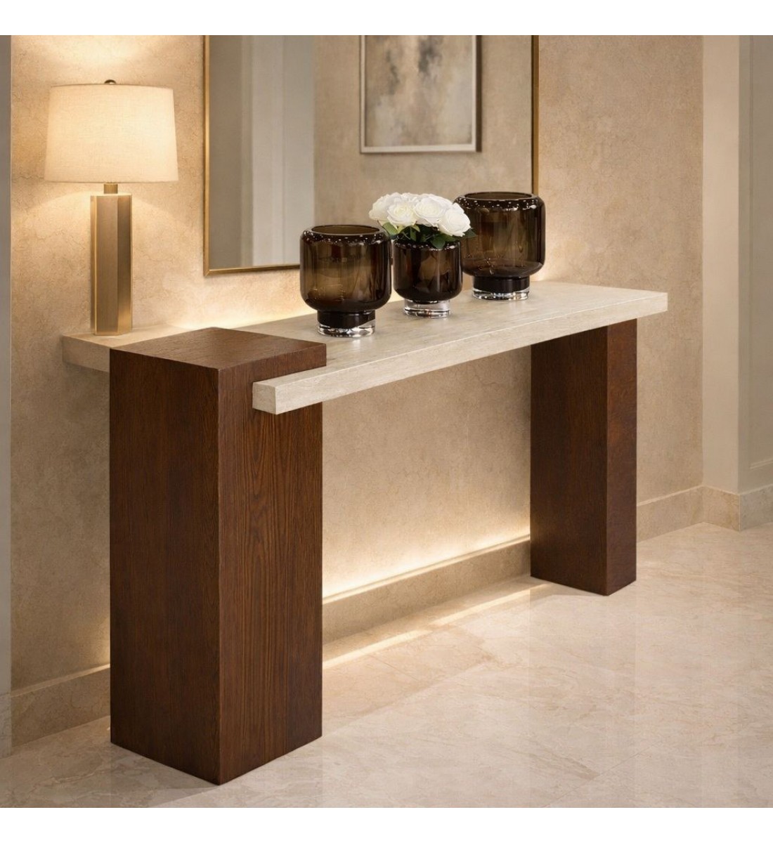 مدخل خشب سنديان بني مع سطح بديل رخام :120×90×40سم 