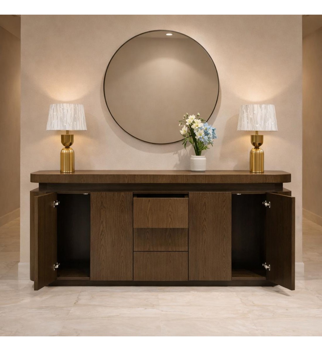 طاولة بوفيه عصرية بتصميم أنيق تجمع بين البساطة والفخامة، مصنوعة من خشب قشره الجوز  لون بني 200×40×90سم 