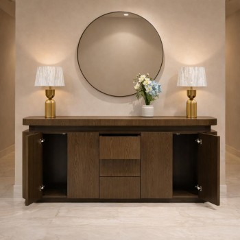 طاولة بوفيه عصرية بتصميم أنيق تجمع بين البساطة والفخامة، مصنوعة من خشب قشره الجوز  لون بني 200×40×90سم 