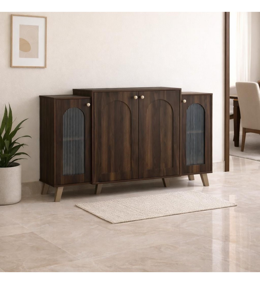 بوفيه خشبي فاخر بتفاصيل زجاجية – بني دافئ